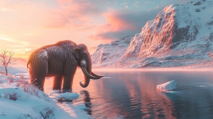 Wall Mural - mammoth walking by lake in snow field in freezing winter at sunrise.