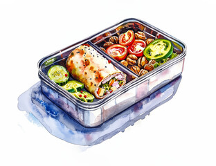 Wall Mural - Overhead view of a healthy lunch box with a turkey and cheese roll-up, mixed nuts, and sliced bell peppers, isolated on a white background, watercolor illustration 