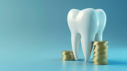 Dental health and financial investment concept with tooth and coins on blue background, 3d rendering