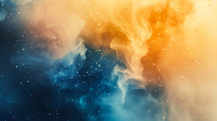 Wall Mural - Vibrant watercolor space with gradients of indigo and amber, twinkling stars, abstract nebula forms, isolated on a gradient background, ample space for text 