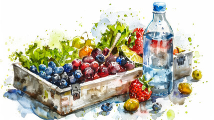 Wall Mural - Wide-angle shot of a healthy lunch box containing a quinoa salad, mixed berries, and a bottle of water, isolated on a white background, watercolor illustration 