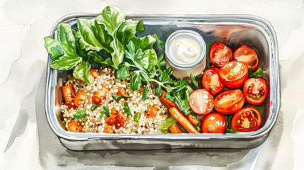 Canvas Print - Wide-angle shot of a healthy lunch box featuring a quinoa bowl, baby carrots, and a small container of yogurt, isolated on a white background, watercolor illustration 