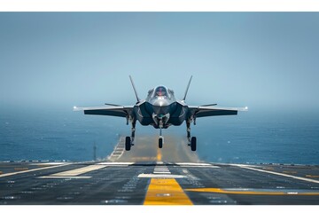 Precision landing of F-35 jet on an aircraft carrier at sea