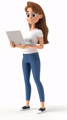 3D Woman in White T-Shirt and Blue Jeans Using Laptop