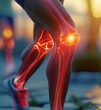 © anatolii - Realistic illustration of a knee joint showing red pain around it and a running athlete on a light background. The scene takes place outdoors at sunset