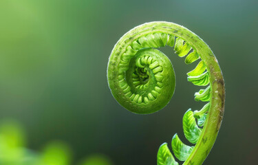 Wall Mural - A closeup of the unfurling fern frond bud just beginning to open, showcasing its delicate green hues and intricate patterns. 