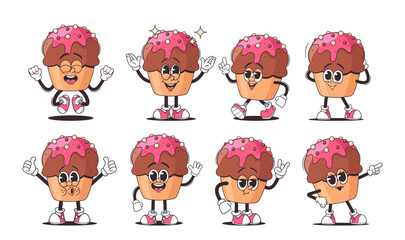 Wall Mural - cartoon cupcake characters set with pink frosting and various fun expressions and poses. vector pers