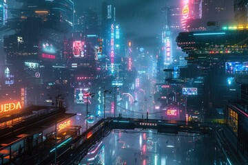 Fototapete - Futuristic, neon-lit cityscape; rainy, reflective streets., Cyberpunk cityscape with neon lights