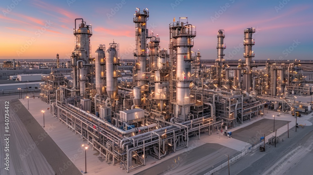 An Oil And Gas Production Plant At Dusk Where Towering Stacks And an-oil-and-gas-production-plant-at-dusk-where-towering-stacks-and
