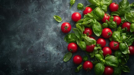 Wall Mural - Fresh Red Tomatoes and Green Basil Leaves on a Dark Grey Surface