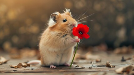 Wall Mural - Cute hamster holding a flower