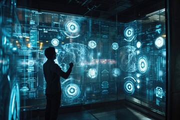 Leinwandbilder - Futuristic blue-lit data center, high tech heist involving holographic security systems