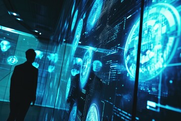 Leinwandbilder - Futuristic blue-lit data center, high tech heist involving holographic security systems