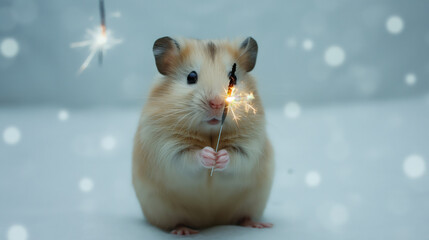 Canvas Print - A hamster holding a tiny sparkler, minimalist background, space for text 