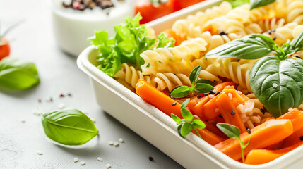 Wall Mural - Closeup of a healthy lunch box containing a whole grain pasta salad, carrot sticks, and a small container of yogurt, isolated on a white background 