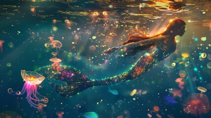 Wall Mural - Beautiful glowing mermaid swimming underwater in deep sea.