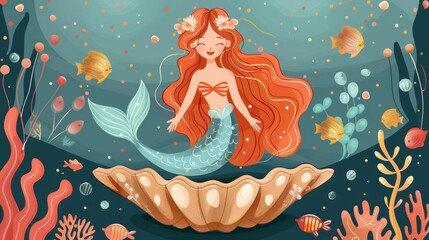 Wall Mural - Beautiful mermaid in shell in deep sea.