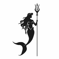 Wall Mural - Black silhouette vector illustration of a beautiful mermaid with a trident over white background.