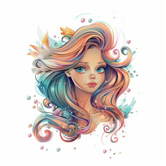 Wall Mural - Vector illustration head portrait of a beautiful mermaid. Cartoon character.