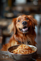 Wall Mural - Dog eats delicious spaghetti in the kitchen.