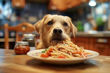 Wall Mural - Dog eats delicious spaghetti in the kitchen.