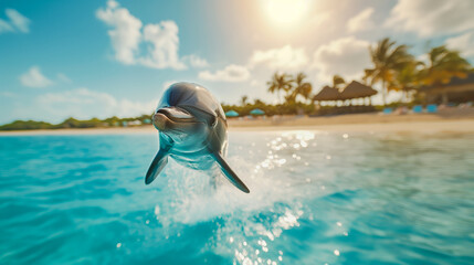 Playful dolphin leaping out of the clear blue ocean with a blurred beach and sunny sky in the background 