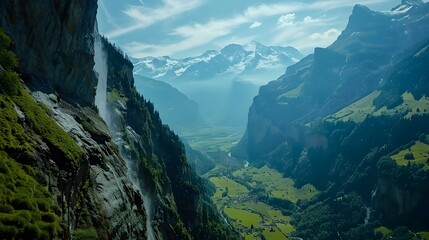 Wall Mural - A stunning panoramic view of the Lauterbrunnen Valley, with its towering cliffs, cascading waterfalls, and charming villages. 8k