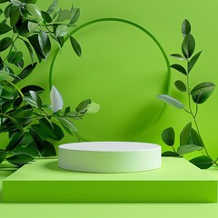 Wall Mural - A minimalist product shot featuring a podium at the center of the image, set against a neon green background for a bold and vibrant look.