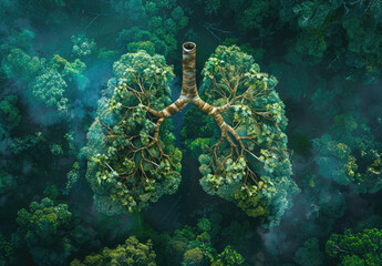 Wall Mural - A pair of lungs made from trees, set against the backdrop of an aerial forest view