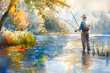 © S photographer - Watercolor painting of a man fishing with a rod at the riverside.