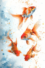 Wall Mural - Watercolor painting of a school of goldfish swimming in clear water.