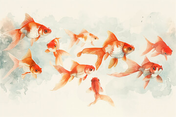 Watercolor painting of a school of goldfish swimming in clear water.