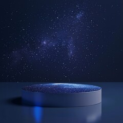 a minimalist product shot featuring a podium at the center of the image, set against a dark blue gal