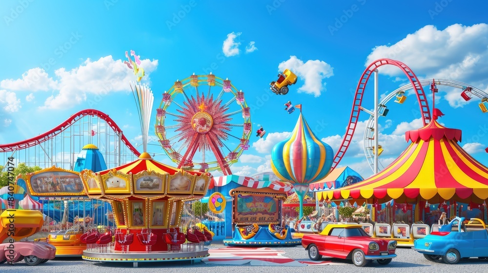 Animated Rides Colorful animated amusement park, Carnival scene with roller coasters ...