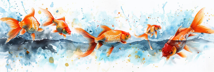 Wall Mural - Watercolor painting of a school of goldfish swimming in clear water.