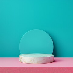 Wall Mural - A minimalist product shot featuring a podium at the center of the image, set against a vibrant turquoise background for a bold and energetic feel.