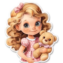 Wall Mural - Sweet sticker of a blonde girl with curly hair, holding a teddy bear, wearing a pink polka-dot dress