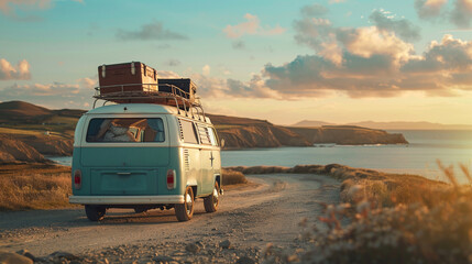 Wall Mural - Vintage camper van with luggage box on top at sea beach in summer vacation