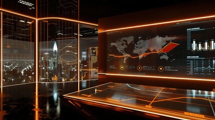 Wall Mural - Abstract illustration with the concept of a future office for design. Office interior with holographic graphs, diagrams and city view. Futuristic background.