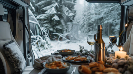 Wall Mural - Interior view from a camper van with luxury meal on table and outside beautiful view of winter wilderness