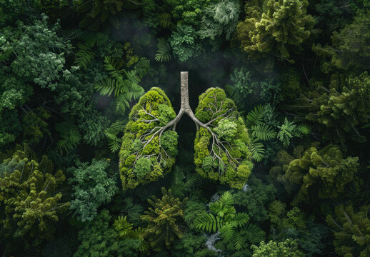 A pair of lungs made from trees, set against the backdrop of an aerial forest view