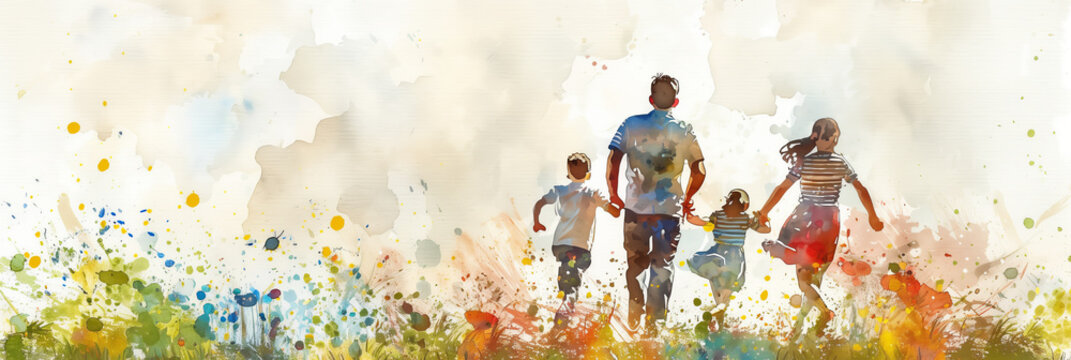 watercolor painting of parents and children running happily in the park.