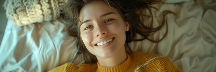 Wall Mural - Caucasian woman lying on bed and smiling looking at camera.