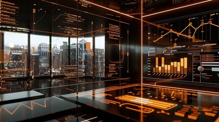 Wall Mural - Abstract illustration with the concept of a future office for design. Office interior with holographic graphs, diagrams and city view. Futuristic background.
