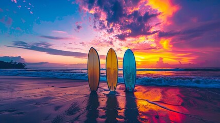 Wall Mural - Closeup view of surfing board on tropical beach with colorful sunset