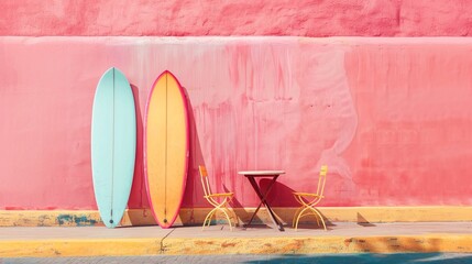 Wall Mural - Surfing board placed against wall in colorful tropical settings