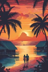 Wall Mural - Beautiful vector illustration of tropical beach and back view of a lovely couple