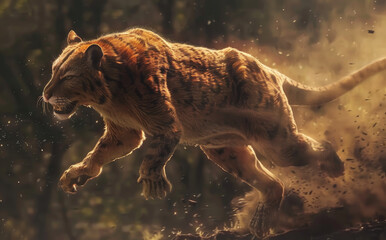 Wall Mural - a sabertooth cat running in the dust