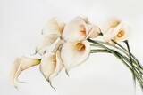 Elegant, colorful calla lilies; graceful, curved blooms., Elegant and whimsical watercolor calla lilies arranged in a random bunch on a clean white canvas