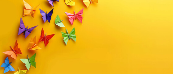 Wall Mural - a vibrant collection of origami butterflies in various colors against a bright yellow background, sy